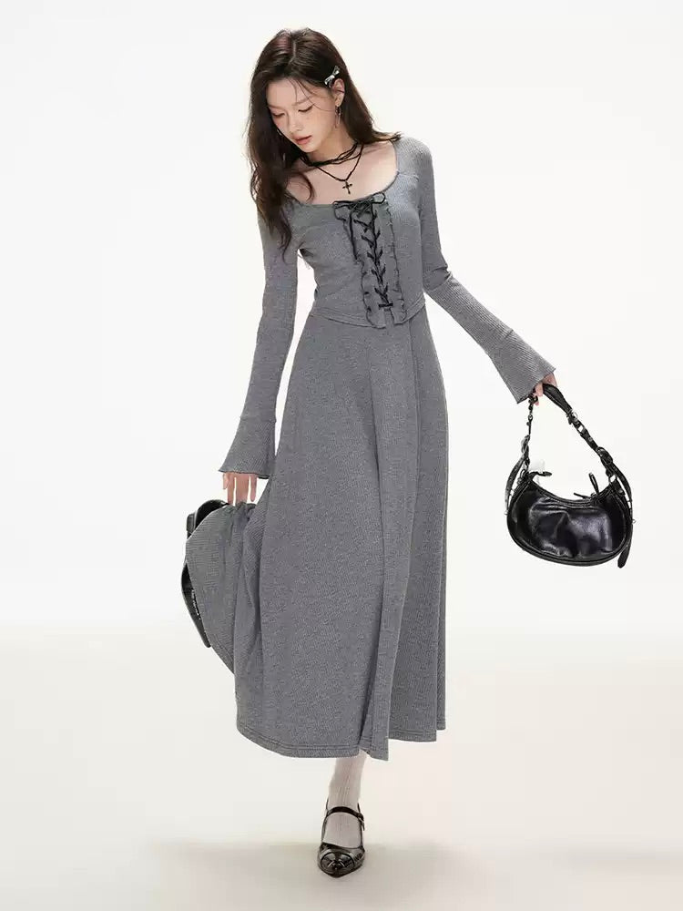 French Sweet Contrast Velvet Strap A-line Waist Slim Knitted Dress IMO0087