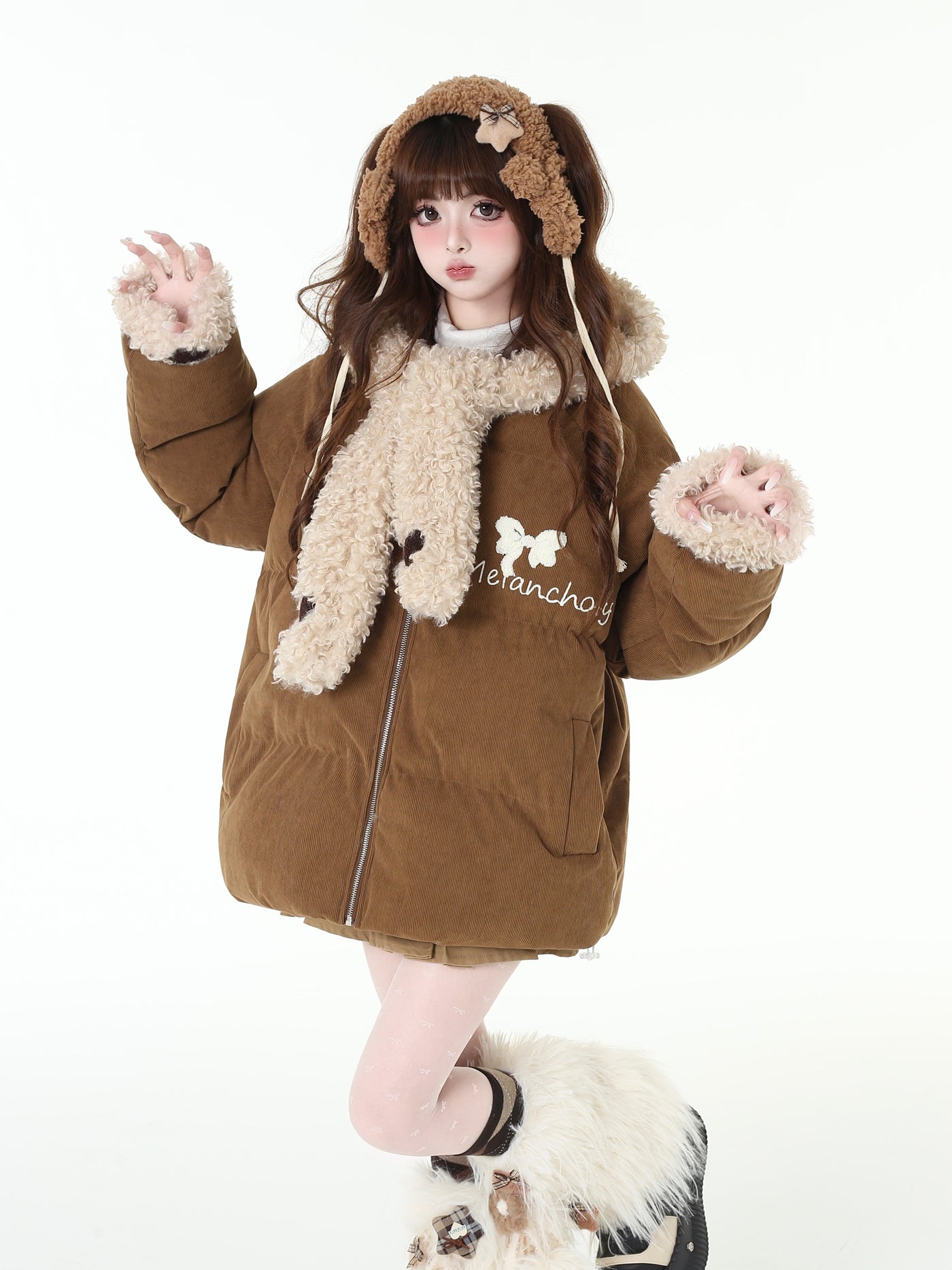 American Retro Sweet Corduroy Long Boa Hooded Thick Jacket CRA0095