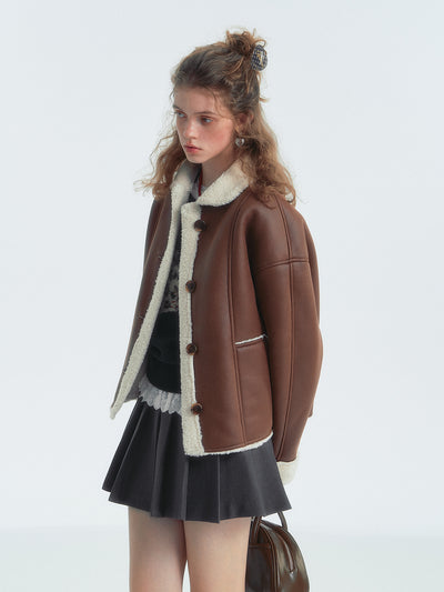 Brown Lapel Shearling Fur Short Jacket SOM0141