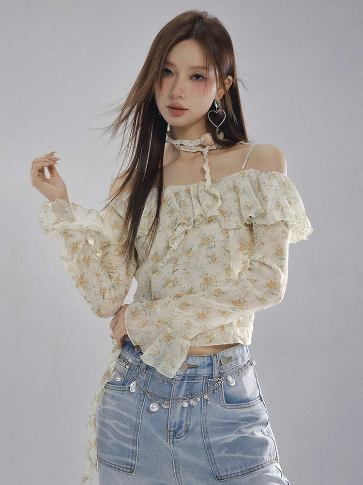 Off-the-shoulder floral ruffle suspender top LAC0231