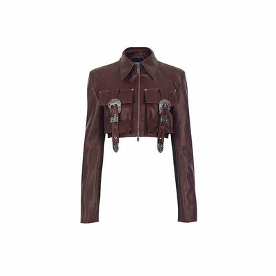 Short length leather motorcycle jacket with belt pocket design WOO0114