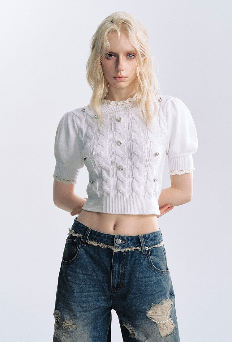 White Twisted Lace Collar Short-sleeved Sweater BYW0010