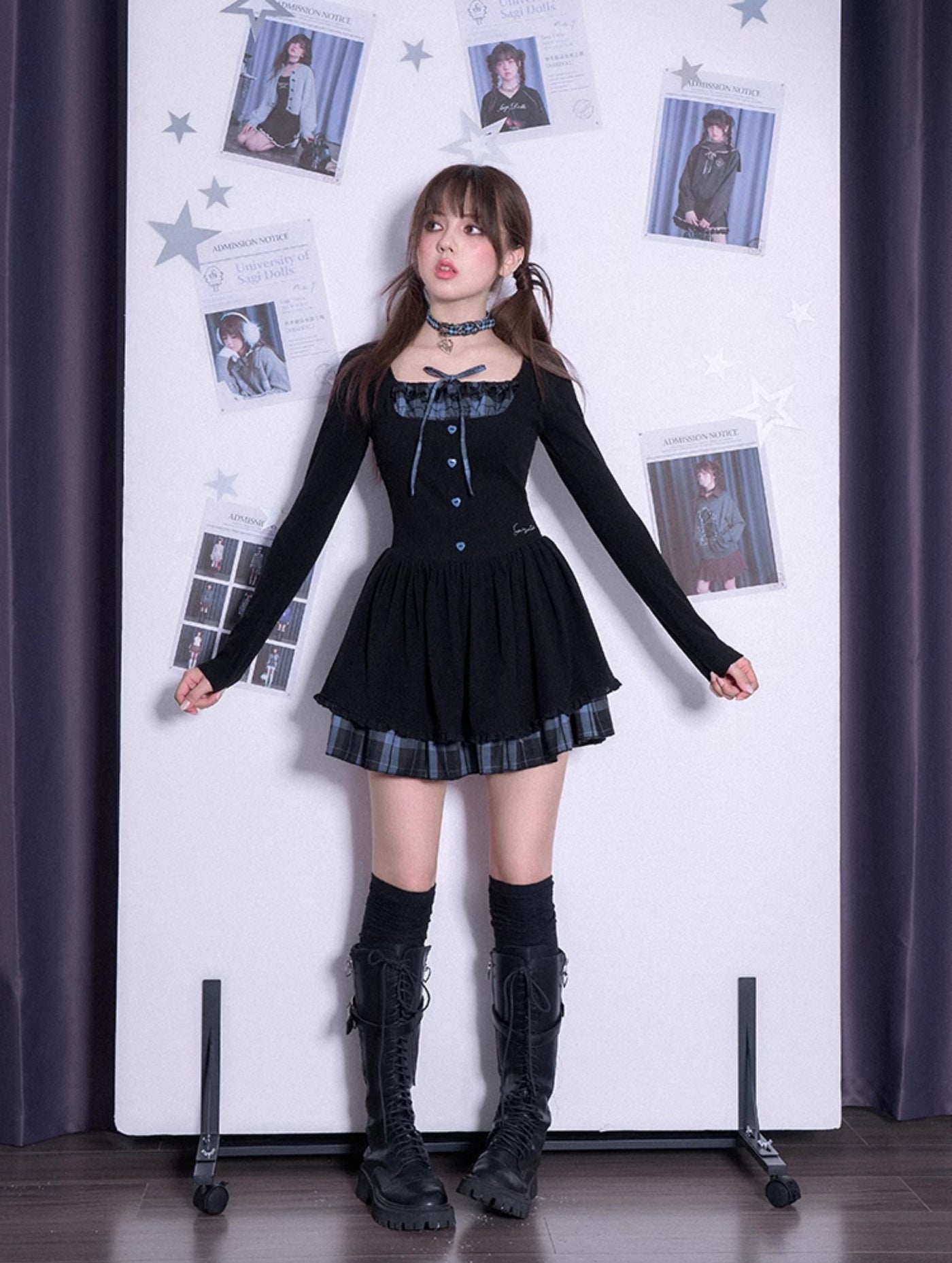 Blue Black Grid Knitted Cake Dress SAG0219