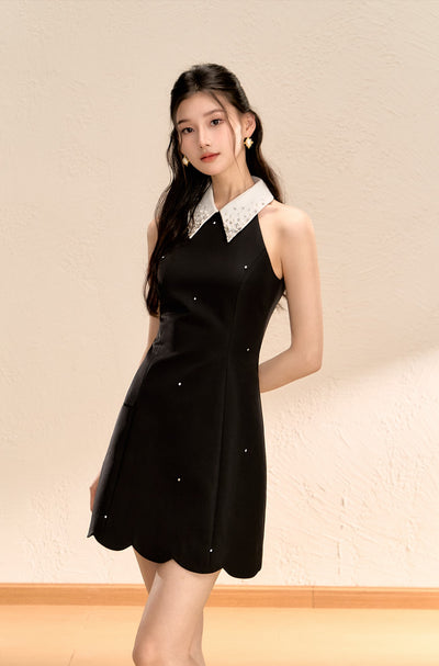 Halter Neck Waist Slimming A-line Black Dress OSH0056