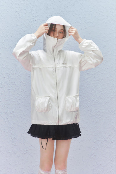 Frill Design White Zip Lightweight Hoodie Jacket AYF0015
