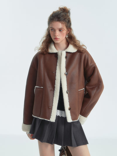 Brown Lapel Shearling Fur Short Jacket SOM0141