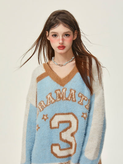 Sports Style Contrast Color Soft Mink Knitted Sweater GIF0064