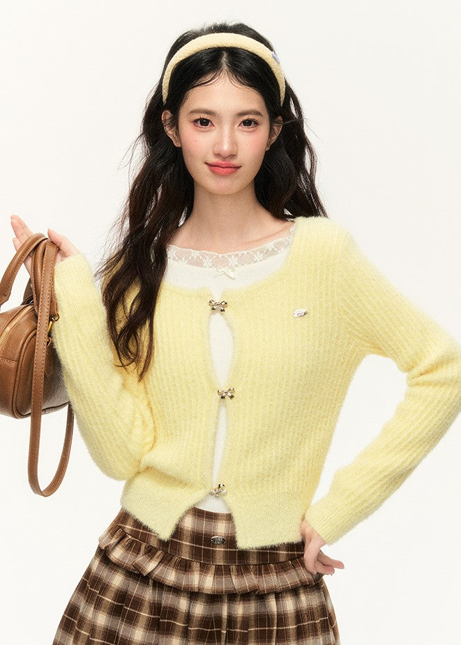 Cream Yellow Furry Square Collar Sweater Cardigan/Brown Skirt NTO0138