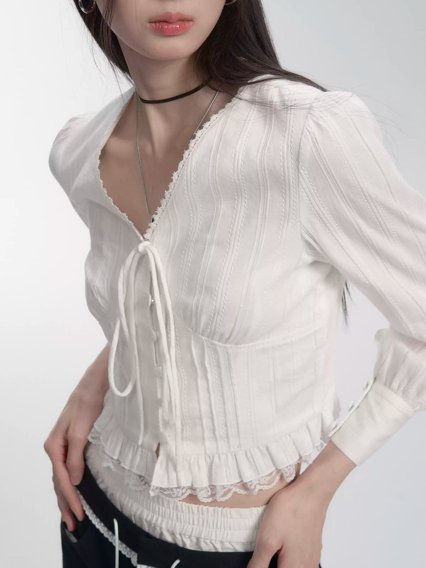 Romantic Style Lace V-Neck Tie Shirt FRA0301