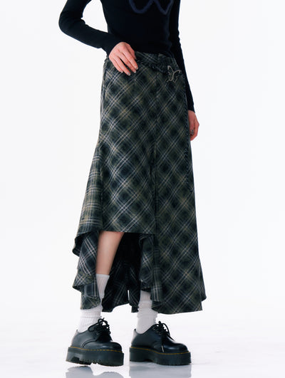 High Waist Slim Long Irregular Plaid Skirt ZIZ0177