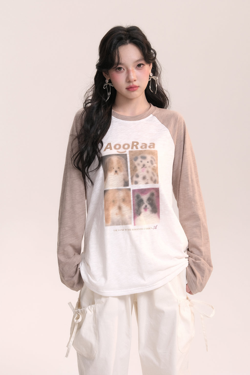 Dog Print Design Raglan Sleeve Long T-Shirt AOO0037