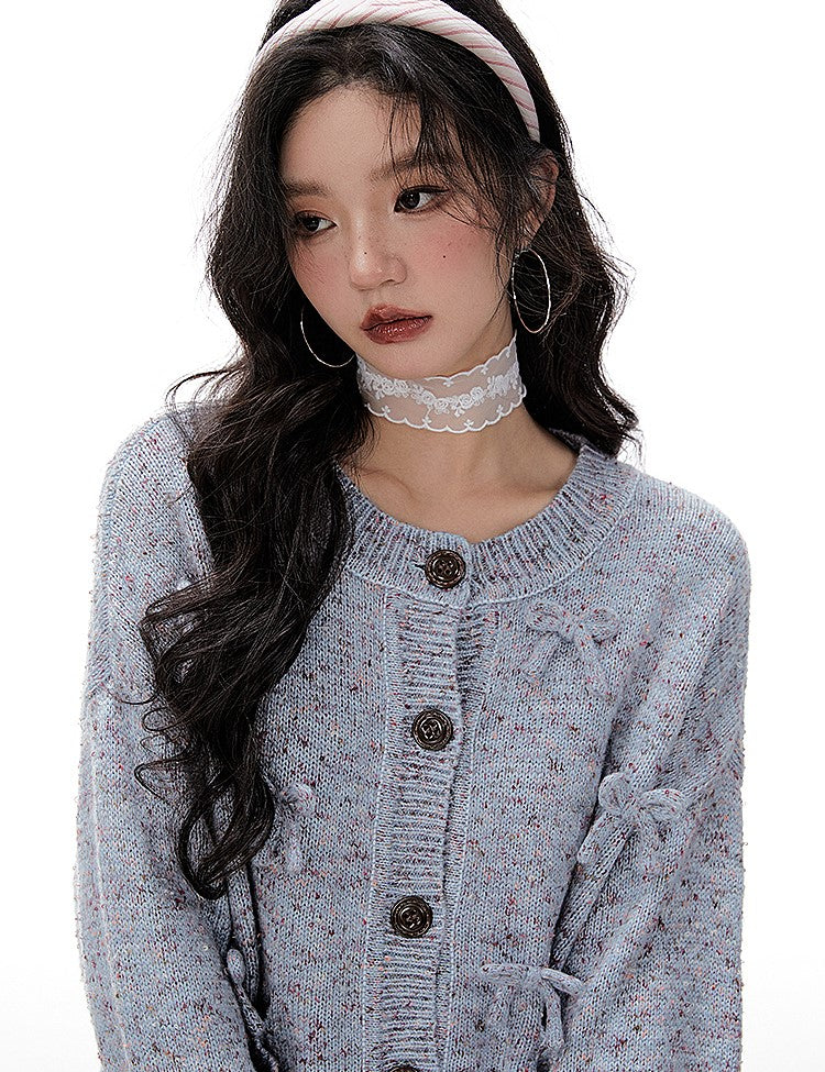 Loose Bow Color Loop Velvet Knitted Cardigan IMO0060