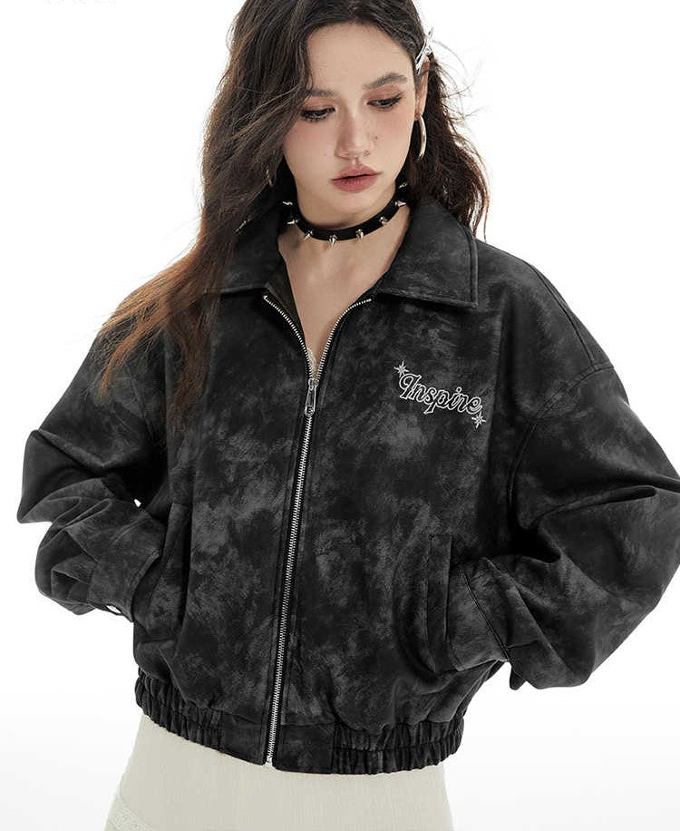 Retro Smudge Embroidery Metal Rivet Leather Short Jacket IMO0065