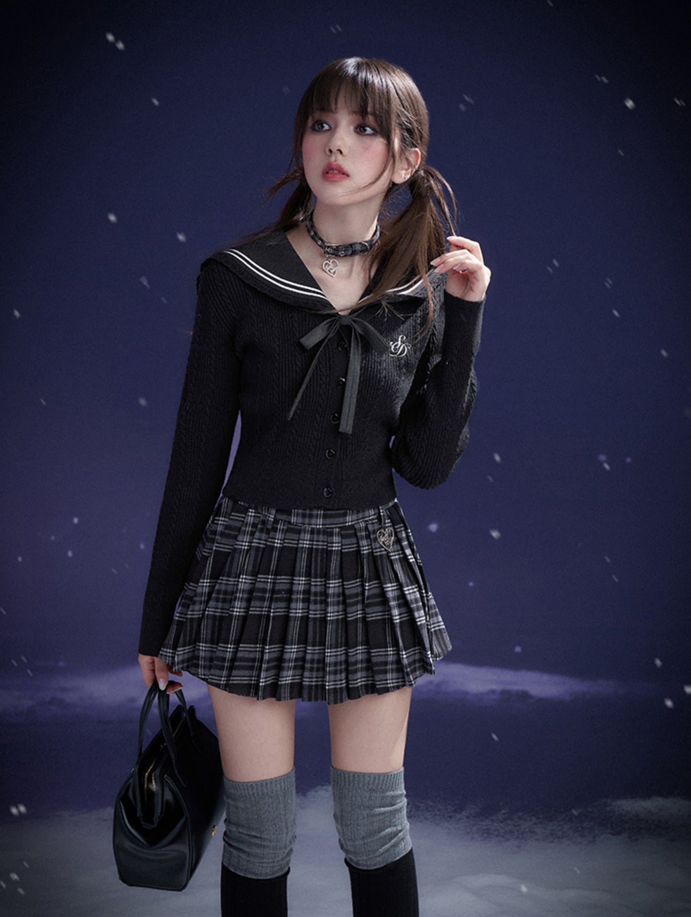 Black Sailor Collar Cable Knit Cardigan SAG0213