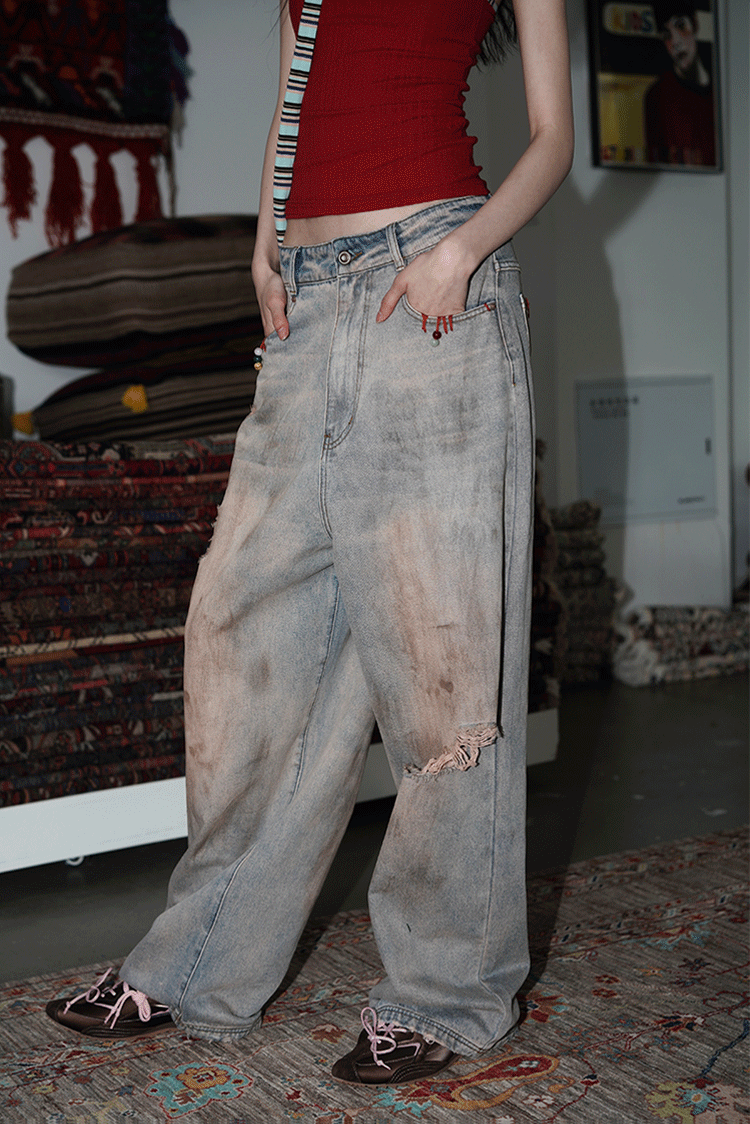 Ripped Floor-Mopping Wide-Leg Jeans BAD0017