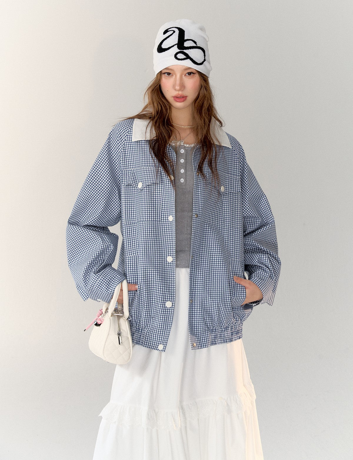 체크 무늬 <tc>Jacket</tc>/롱스커트/슬리브리스탑 ASG0005