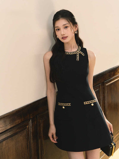 French Style Sleeveless Silk Slim Short Black Dress OSH0061