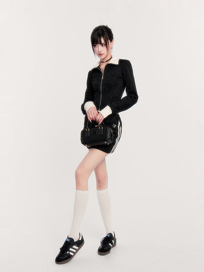 Black Glitter Sweatshirt Jacket/Slim Short A-Line Skirt VOC0243