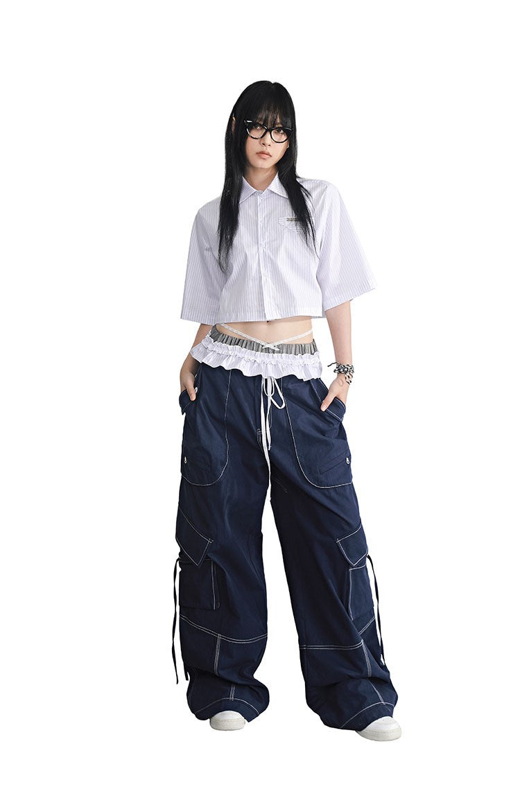 Blue Drawstring Split Pocket Structure Loose Workwear Casual Pants ANY0069