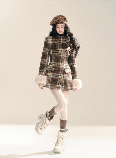 Plaid WoolenSlim Mid-Length Coat DIA0283