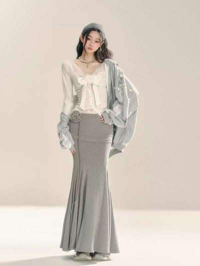 A-line Slimming Fishtail Gray Long Skirt DIA0289