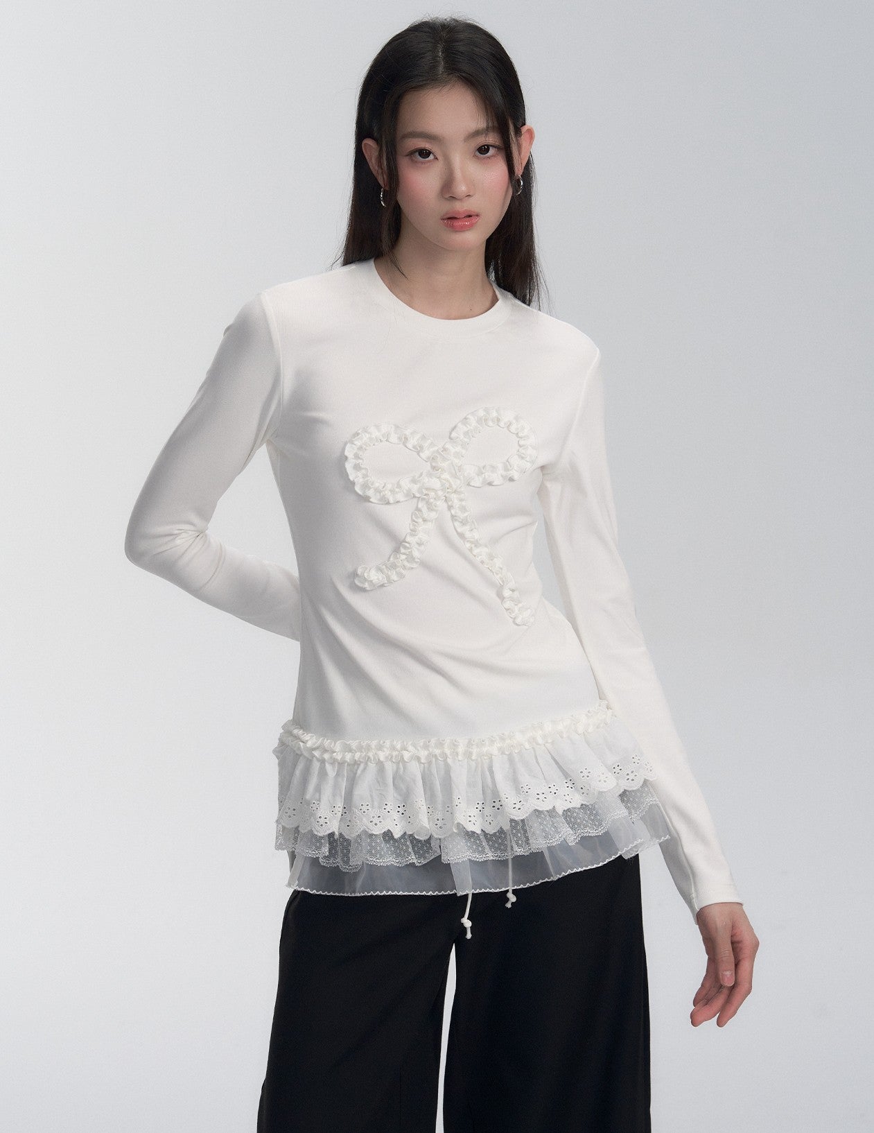 Lace Stitching Bow Design Top FRA0274