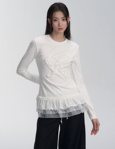 Lace Stitching Bow Design Top FRA0274