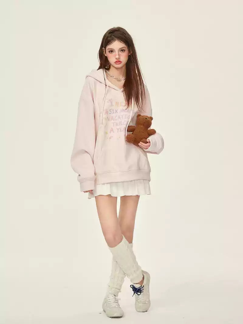 Pink Letter Loose Hooded Thickened Fleece Sweatshirt GIF0073