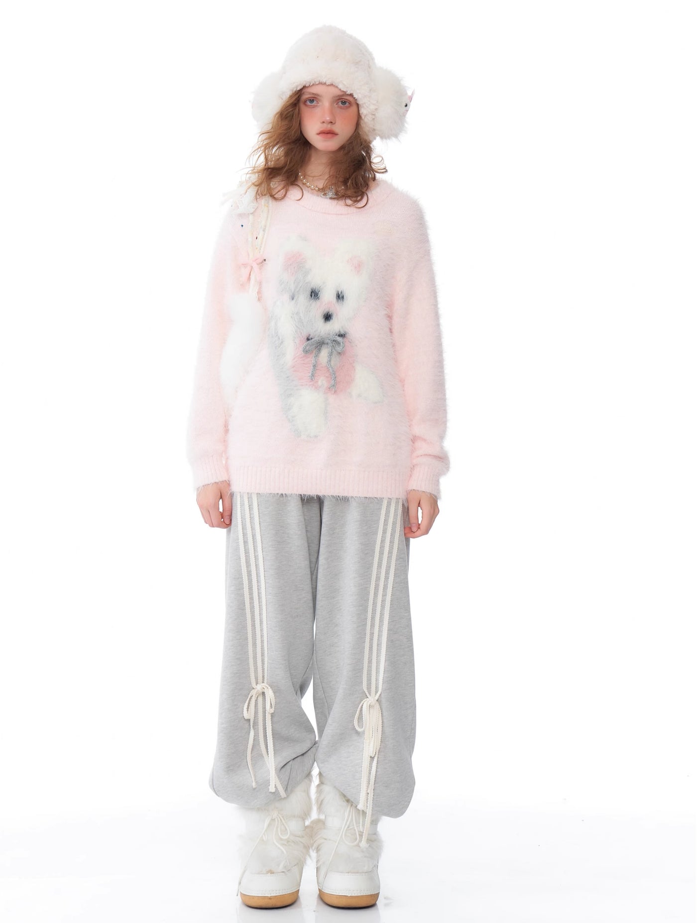 Ribbon Plush Dog Design Mohair Knit Top ZIZ0210