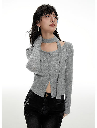 Scarf Cross Hem Slit Slim Knitted Cardigan IMO0049