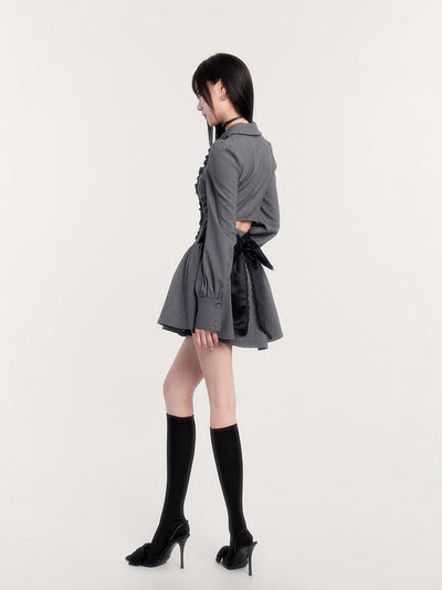 Bowknot Slim Long Sleeve Gray Shirt Dress VOC0255