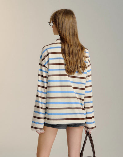 Lace Striped Long Sleeve Polo Shirt SOM0106