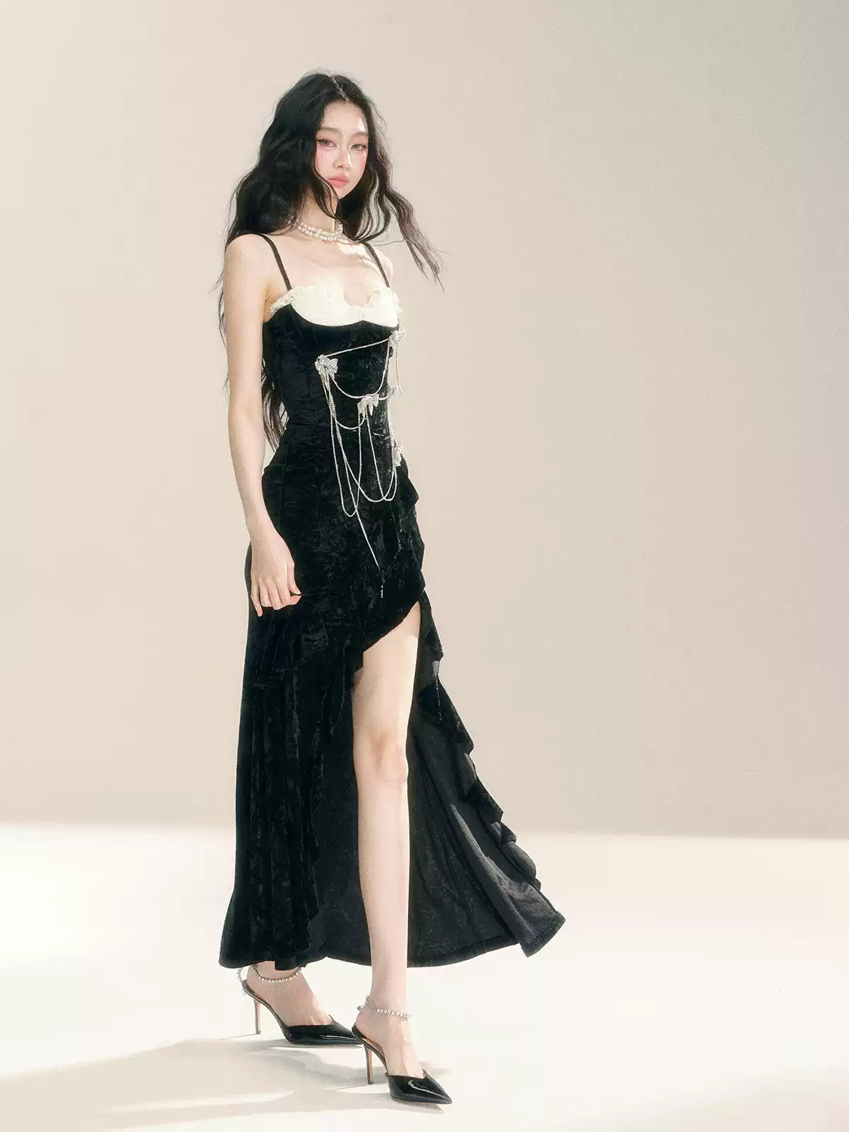 Royal Style Slit Long Suspender Dress DIA0288