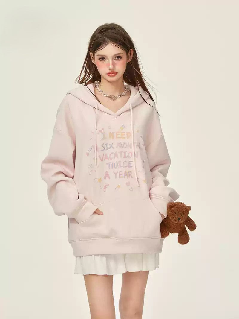 Pink Letter Loose Hooded Thickened Fleece Sweatshirt GIF0073