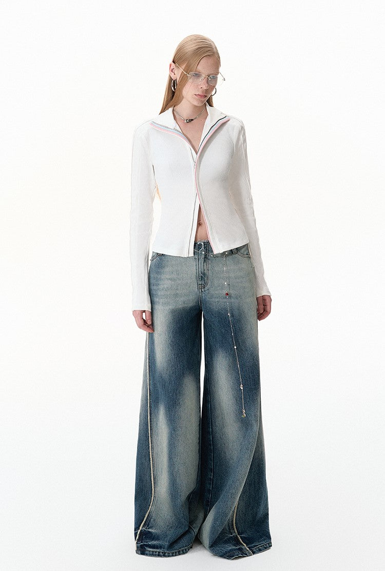 Contrast Loose Wide Leg Raw Edge Jeans BYW0022