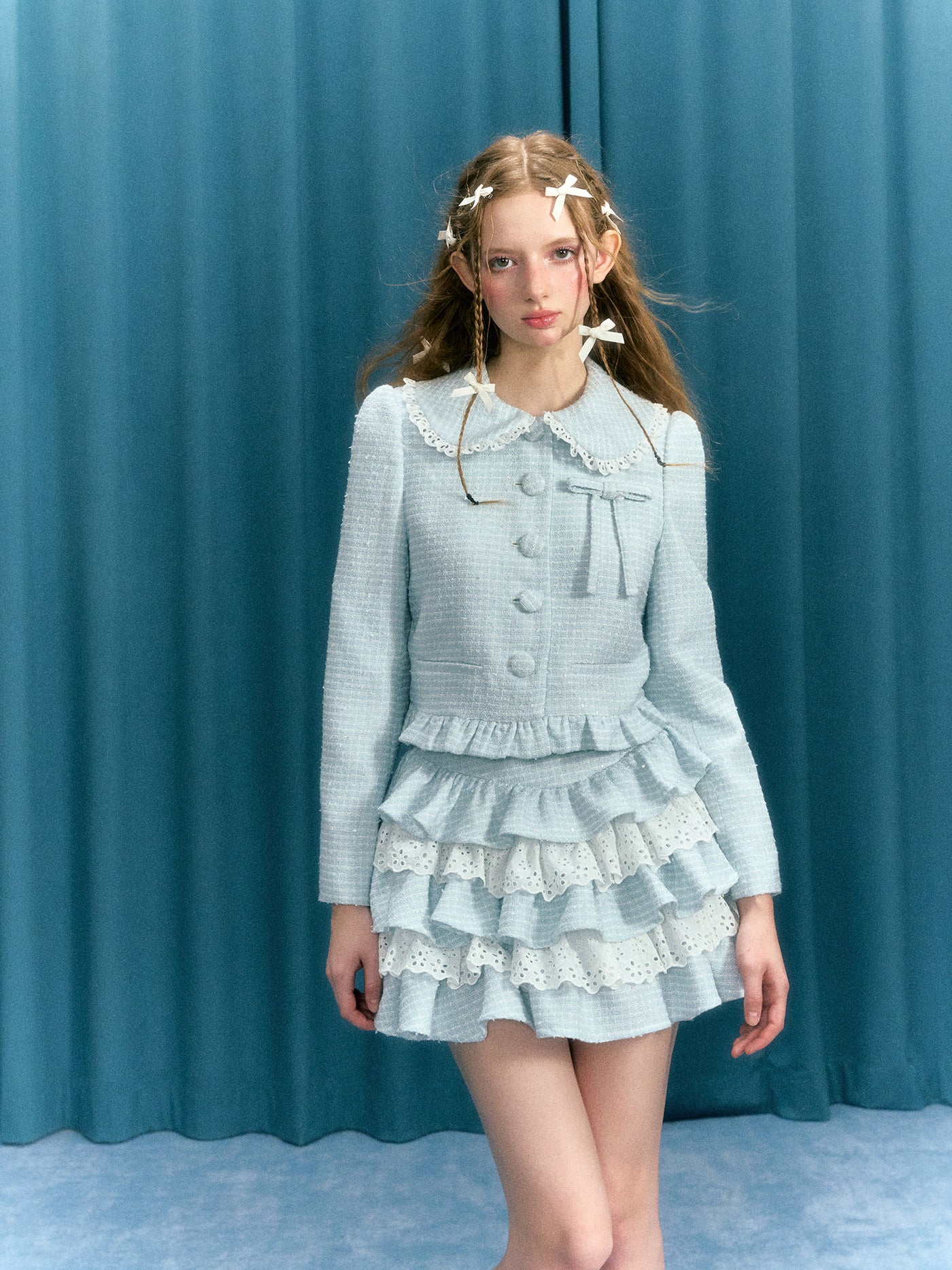 Baby Blue Bow Suit Short Jacket/Lace Cake Skirt NAR0043