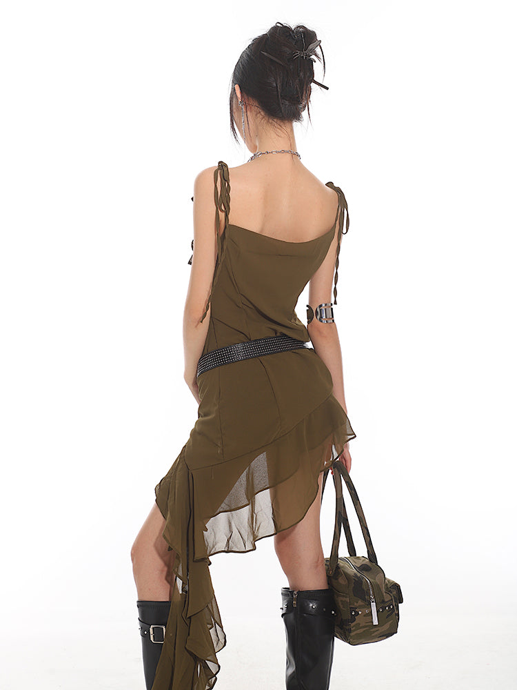 Side Ruffle Tail Design Camisole Mini Dress UNC0099