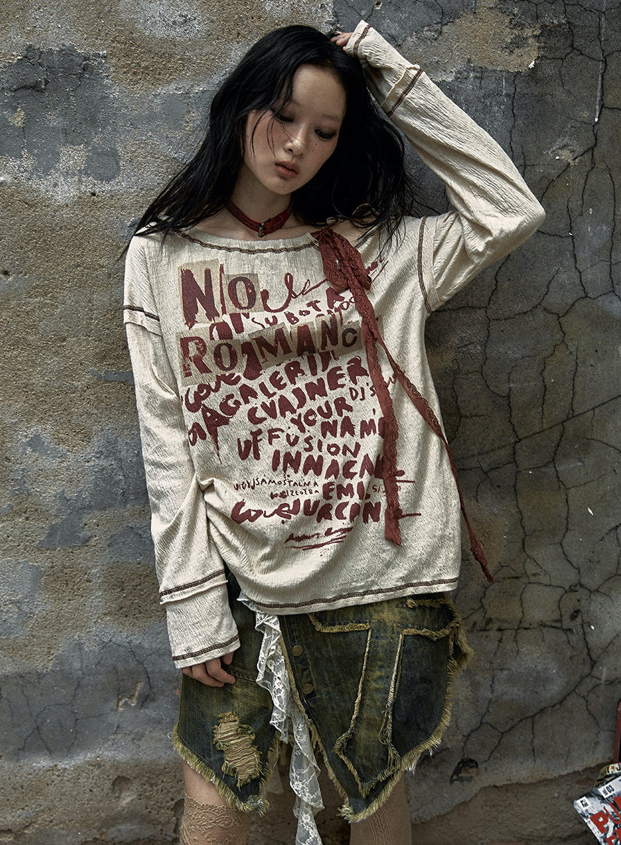 Retro Wasteland Lazy Style Tie Lace Print Loose Long-sleeved T-shirt NOR0086