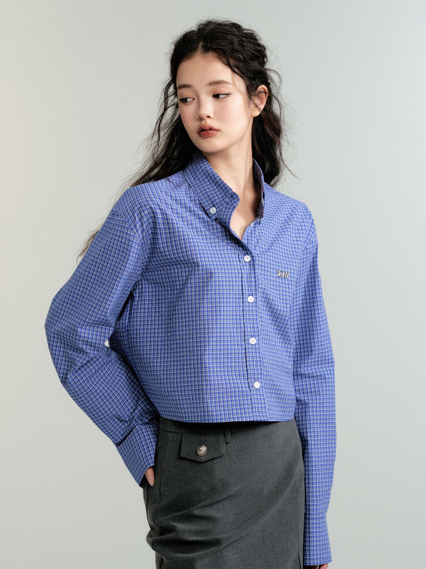 Blue plaid cropped cotton shirt LUL0094