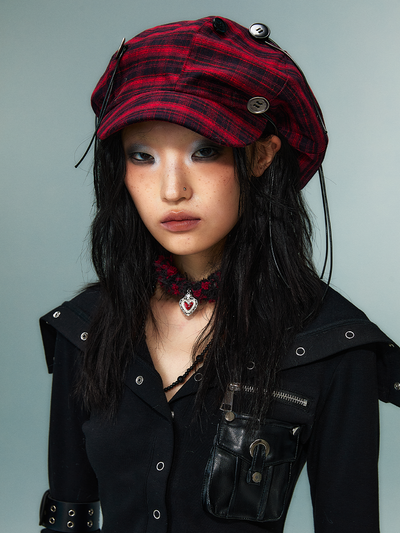 Button Red Plaid Cloud Beret FRU0087