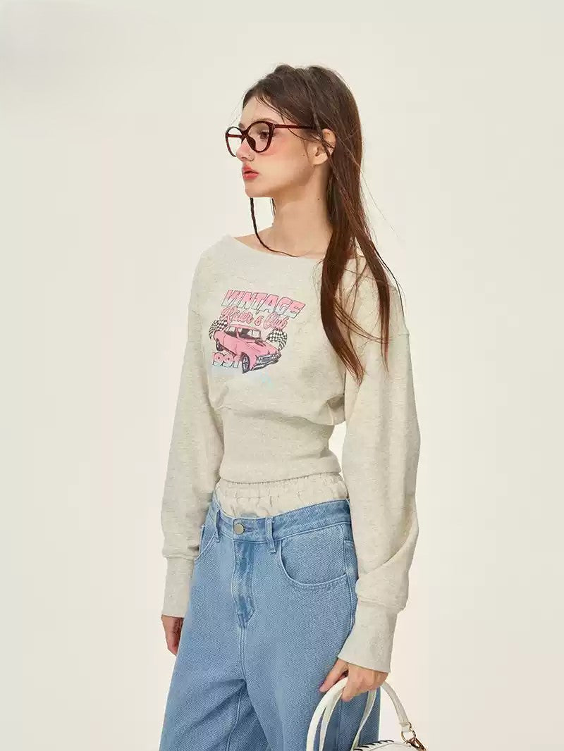 Gray Pure Cotton Waist American Retro Print Short Waist Sweatshirt GIF0072