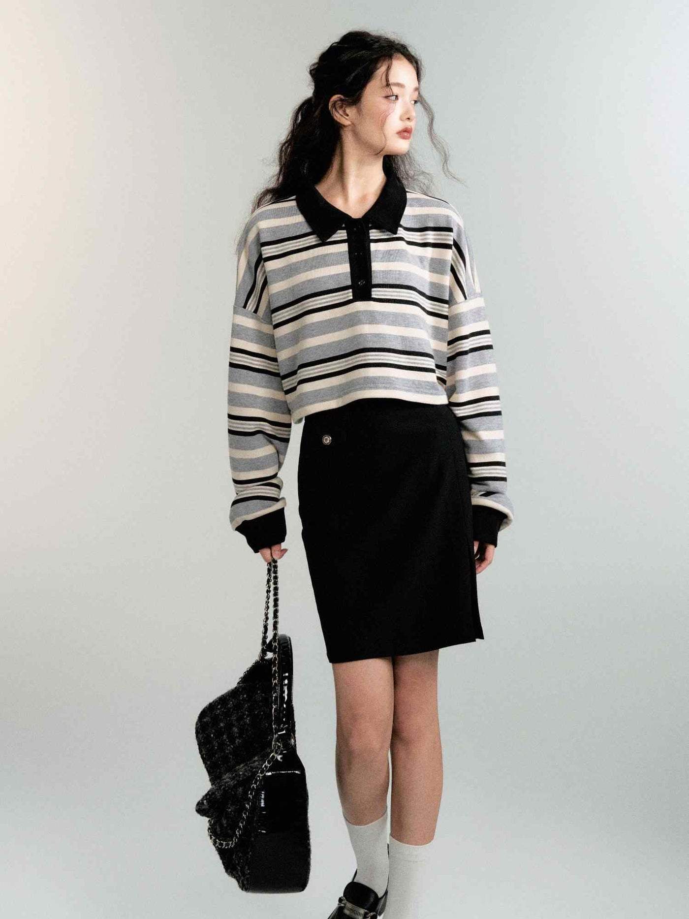 Contrast color striped long sleeve polo top LUL0085