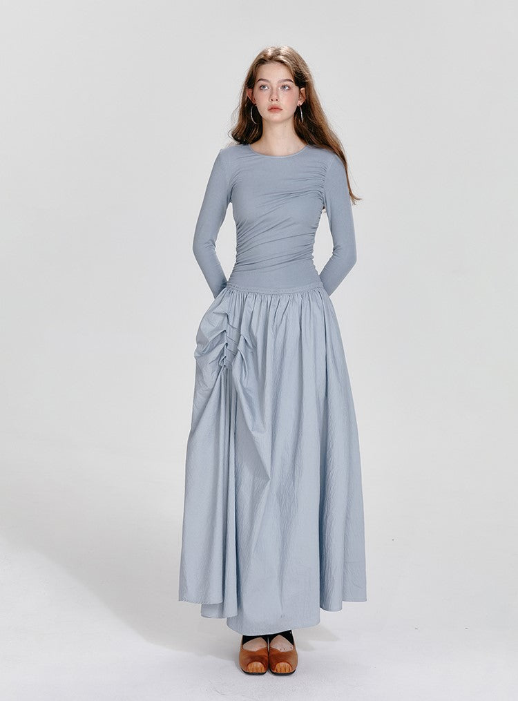 Ballet Style Round Neck High-end Irregular Pleated Long Sleeve Dress BOH0054