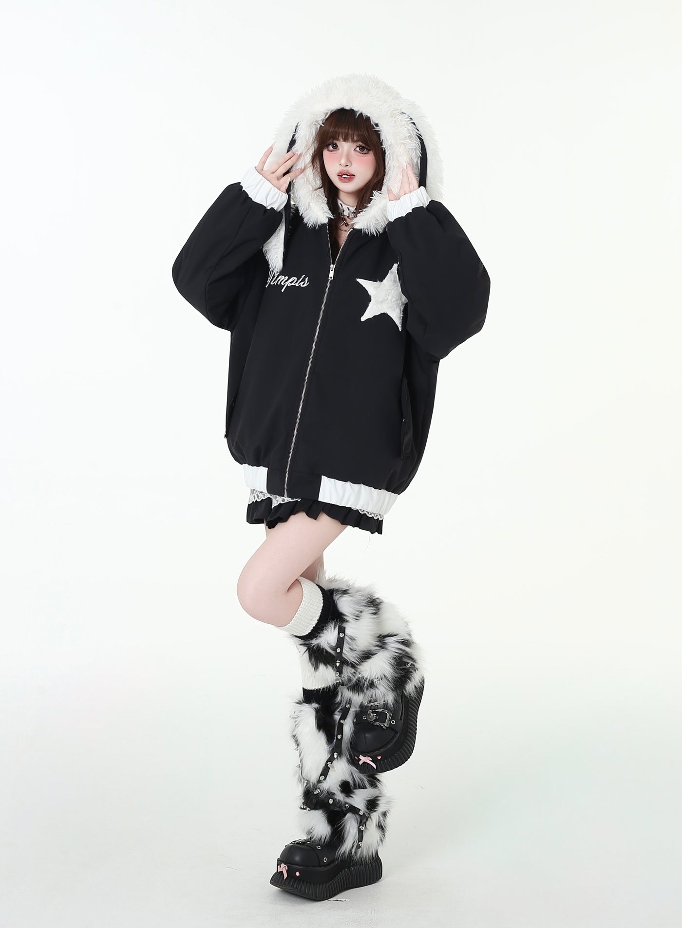 Star Design Loose Zip Monotone Jacket with Rabbit Ears Hood CRA0097