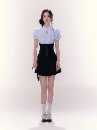 Chinese Puff Sleeve Stripe Blouse & High Waist Cross Strap A-Line Skirt UND0053