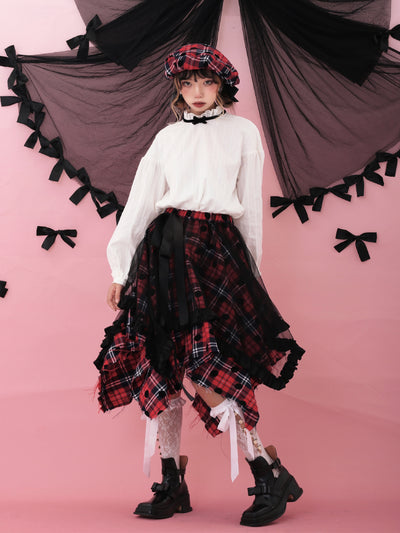 Tulle Layered Irregular Hem Check Skirt SHC0023