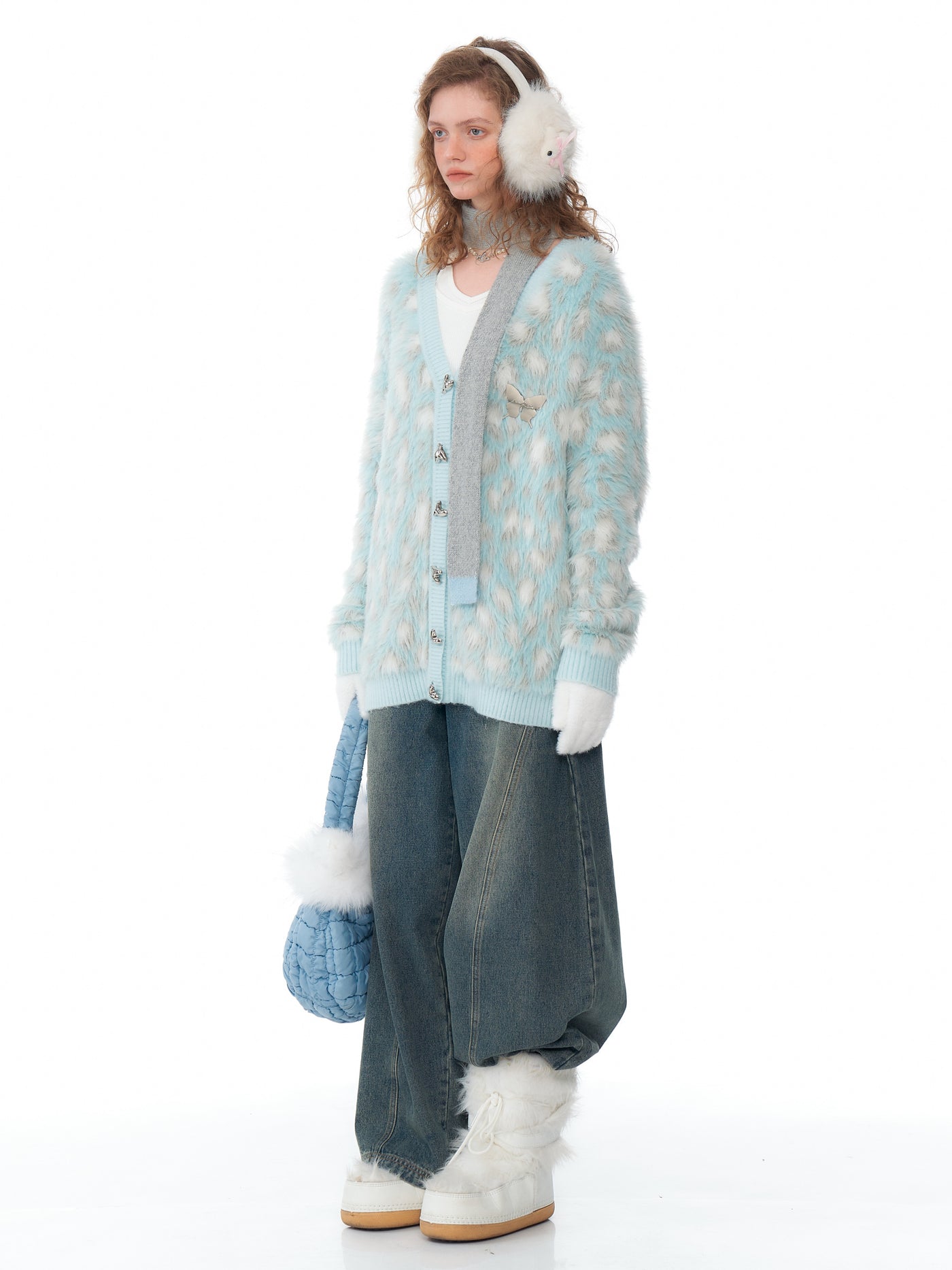 American Retro Blue Leopard Pattern Soft Knit Cardigan ZIZ0207