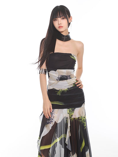 Flower Print Tube Top Mesh Dress UNC0107