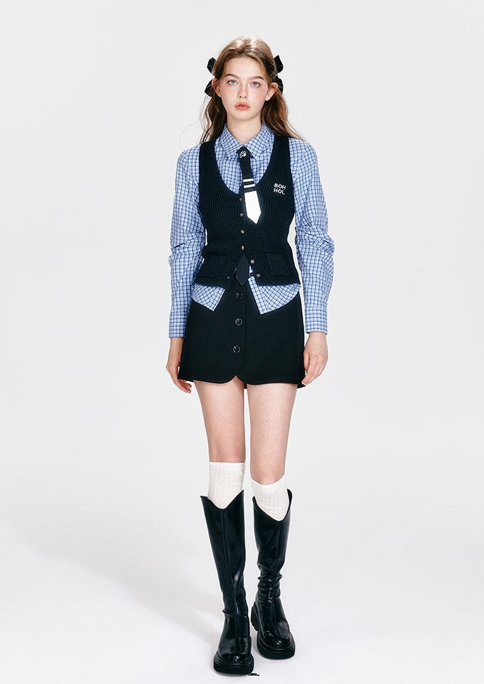 Blue Plaid Waist Shirt/Decorative Button Skirt/Vest BOH0060