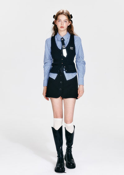 Blue Plaid Waist Shirt/Decorative Button Skirt/Vest BOH0060